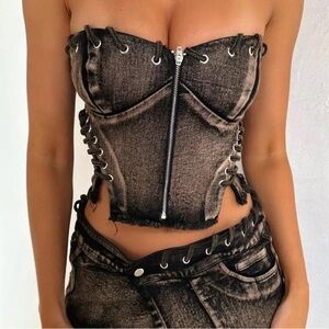 Brown Corset Denim Top with Lace-Up Detail